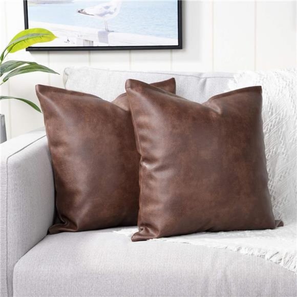 Set of 2Faux Leather Decorative Throw Pillow Covers Modern Solid Outdoor Cushion - Picture 1 of 6